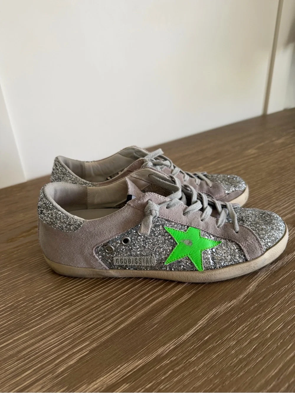 Golden Goose Silver Glitter Sneakers with Neon Green Star - Picture 3 of 6